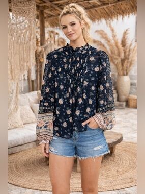 Maison d’ Amelie Semi Sheer Boho Floral Blouse Size L